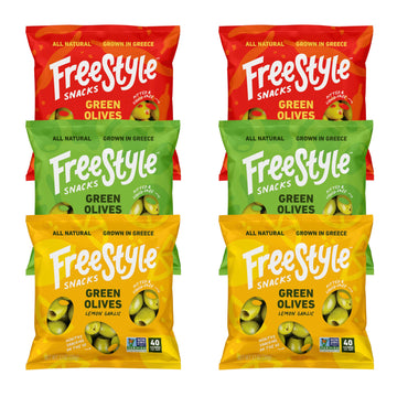 Freestyle Snacks Olive Snack Packs - Single Serve - Fresh Pitted Green Olives, Jumbo-Sized, Grown In Greece, All Natural, Non-Gm