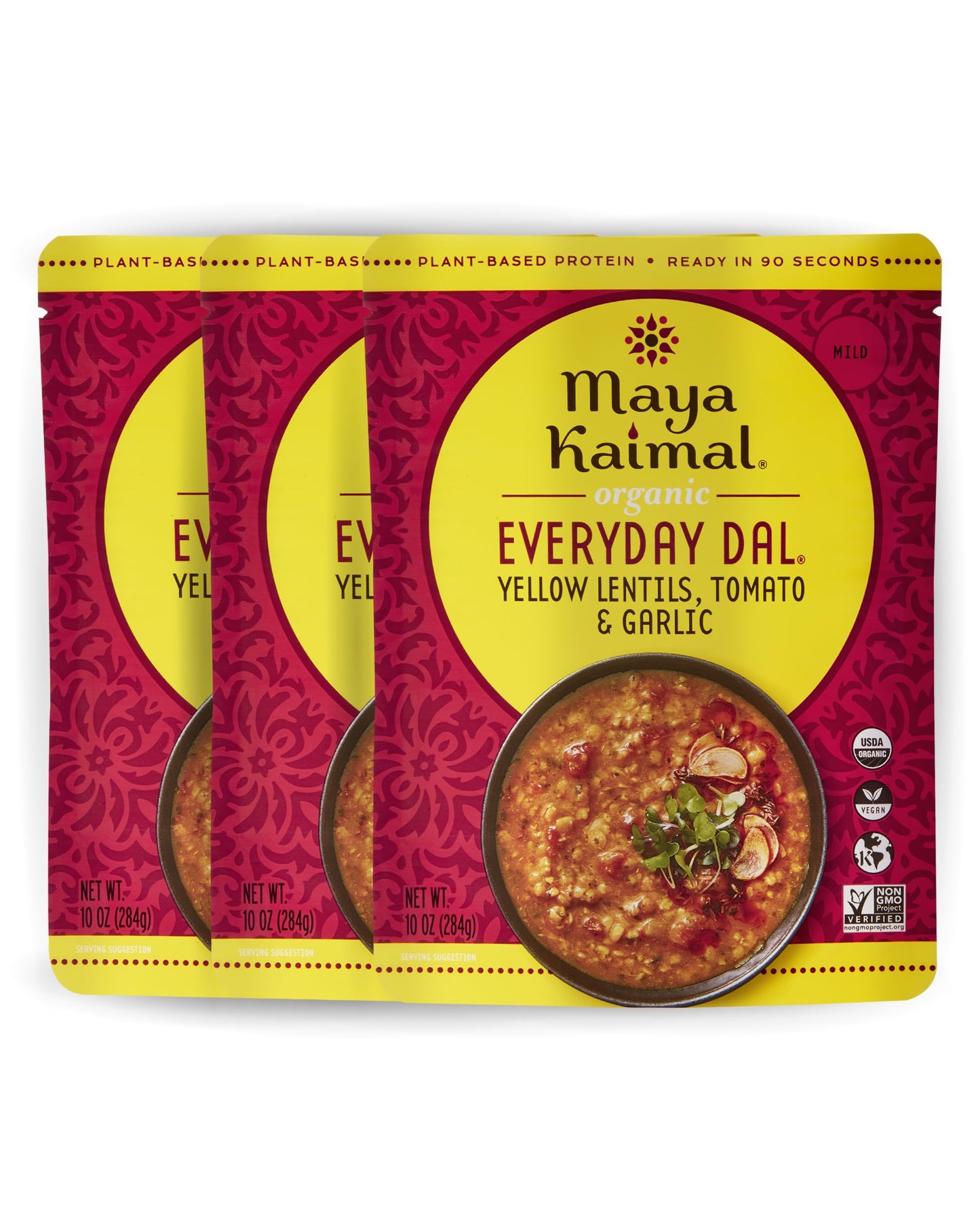 Maya Kaimal Foods Organic Indian Everyday Dal (Pack of 3) - Fully Cooked Ready to Eat Meals w/Yellow Lentils, Tomato & Garlic - 