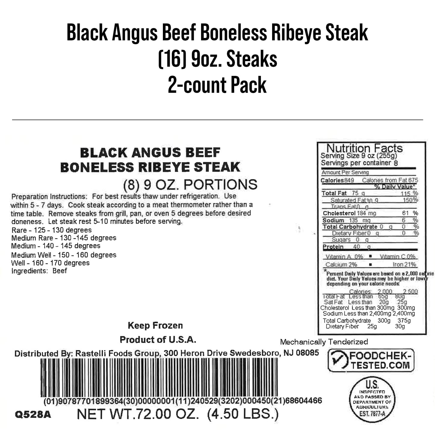 Rastellis Black Angus Beef Ribeye Steaks (16 ct) 9 oz Portions  9 lbs. Total