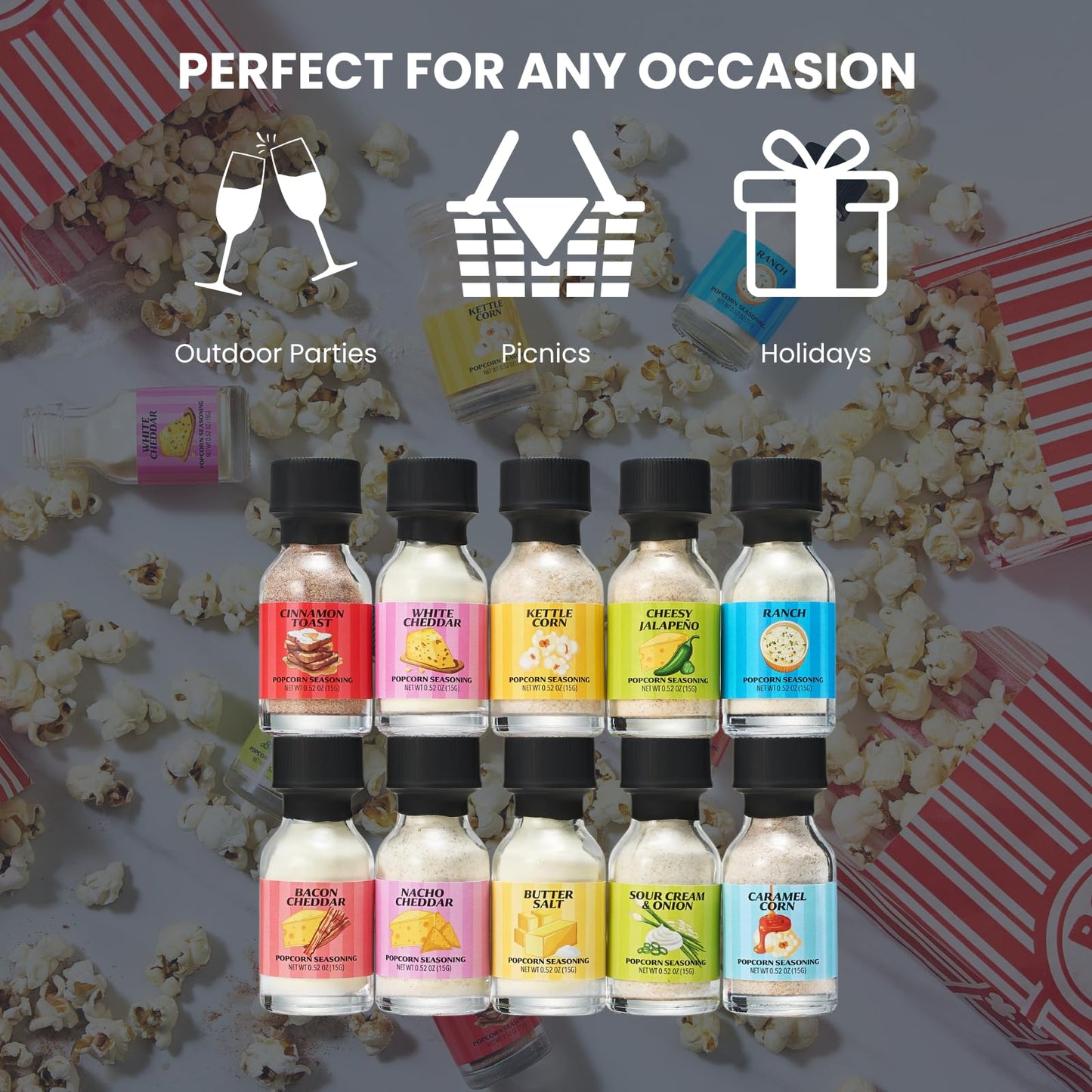 Kiri & Sons Gourmet Popcorn Seasoning Sampler Kit, 10 Flavor Variety Pack - Including Kettle Corn, Garlic Parmesan, Bacon Chedda