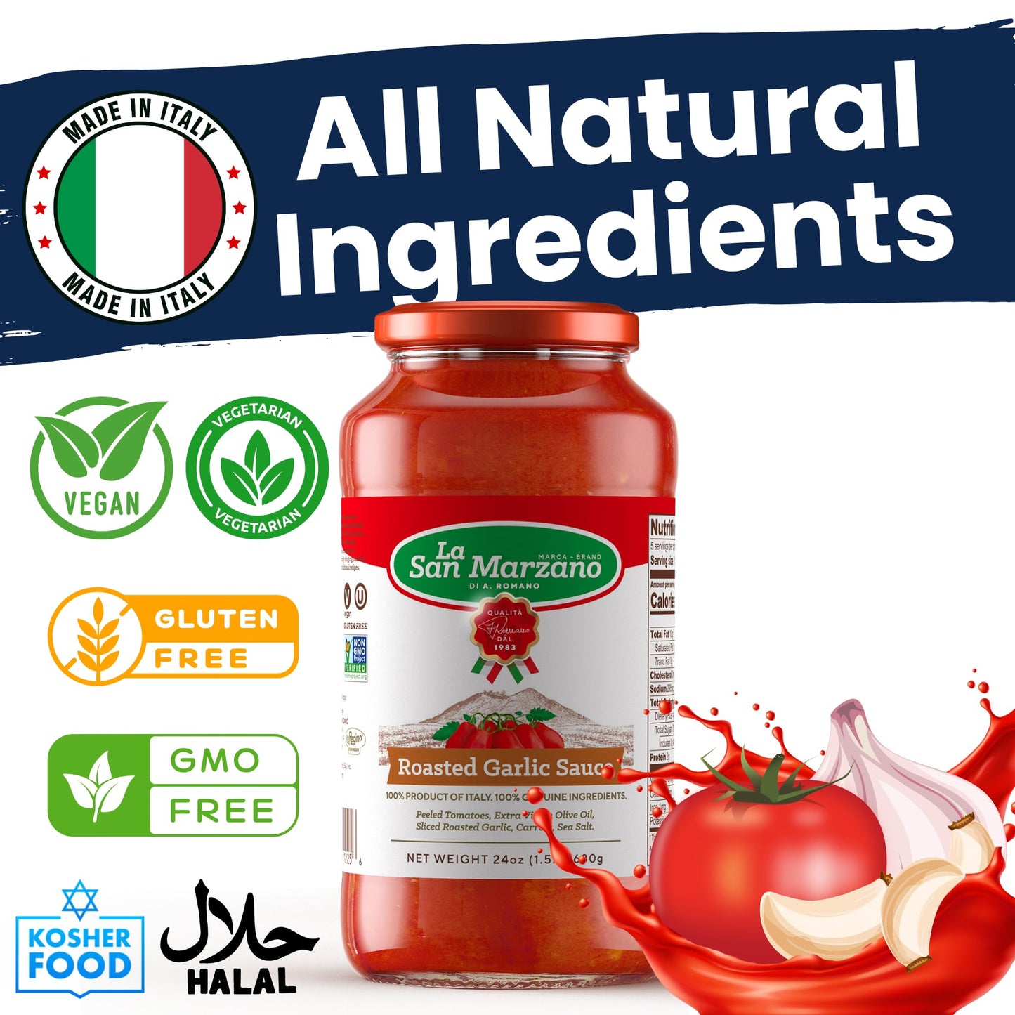 La San Marzano Roasted Garlic Pasta Sauce, All Natural, Non-GMO, Vegan, Gluten Free, 24 oz, Pack of 2