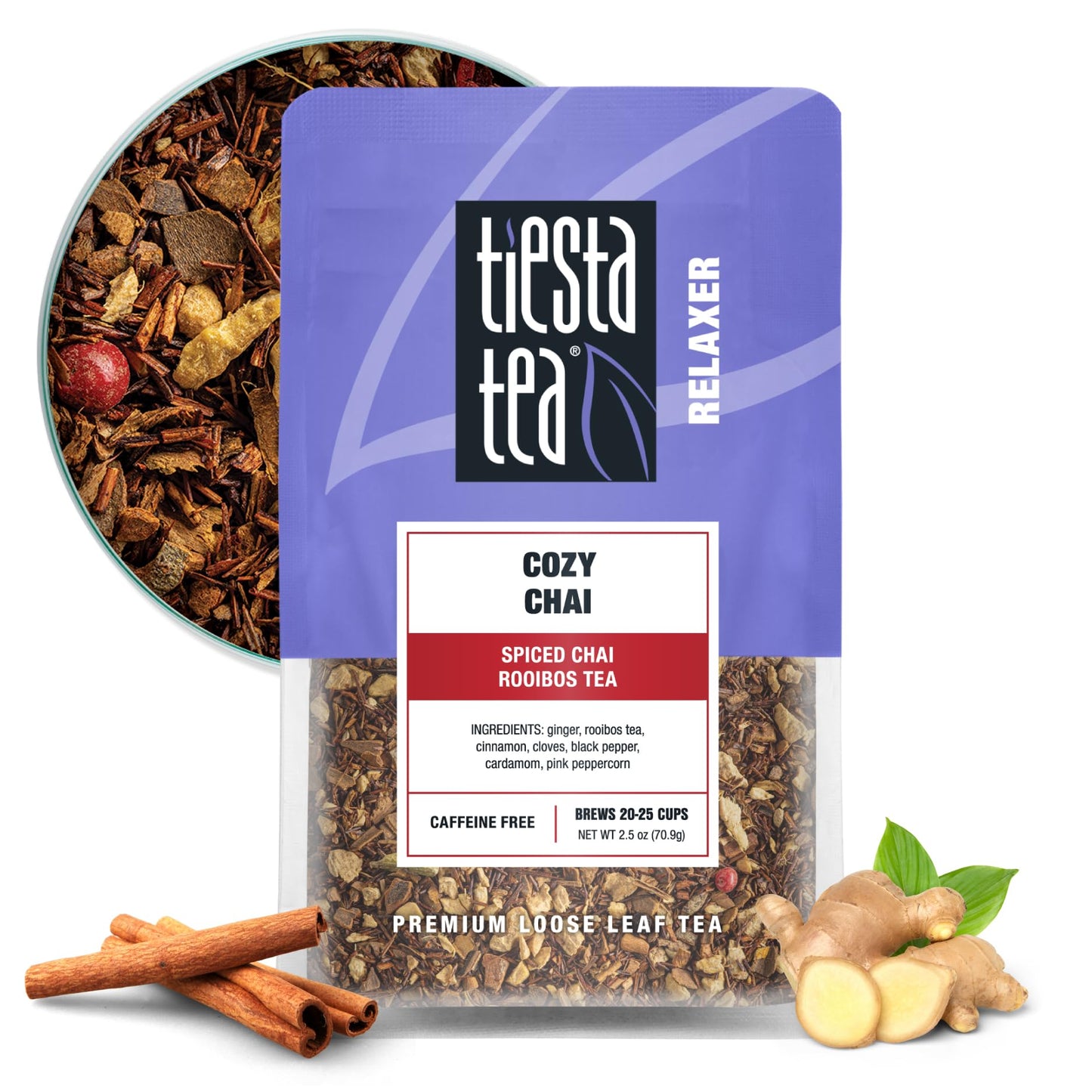 Tiesta Tea Cozy Chai Loose Leaf Rooibos Tea - Caffeine-Free Herbal Blend, 2.5oz Pouch, Makes Hot or Iced, Up to 25 Cups
