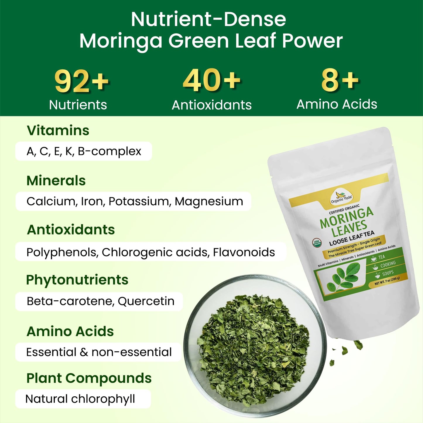 Organic Veda Moringa Tea Leaves - 100% Organic Dried Leaves - Moringa Oleifera Loose Leaf For Herbal Tea - Antioxidants Rich, Naturally Boosts Energy, Supports Digestion & Immune System - 7Oz