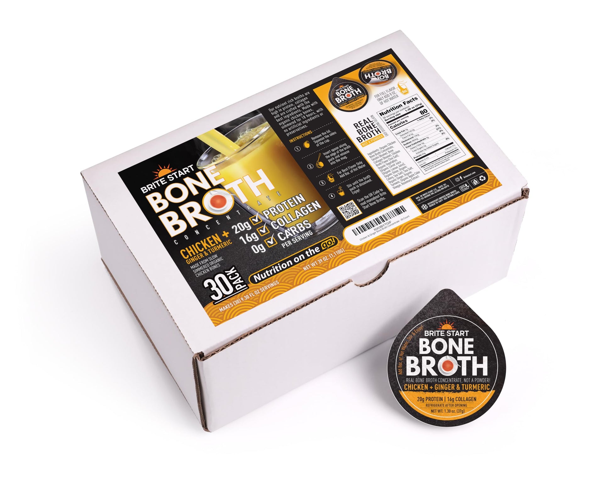 Brite Start Bone Broth - Chicken + Ginger & Turmeric - 30 Count - Keto Friendly Concentrate with 16g Collagen, 20g Paleo Protein