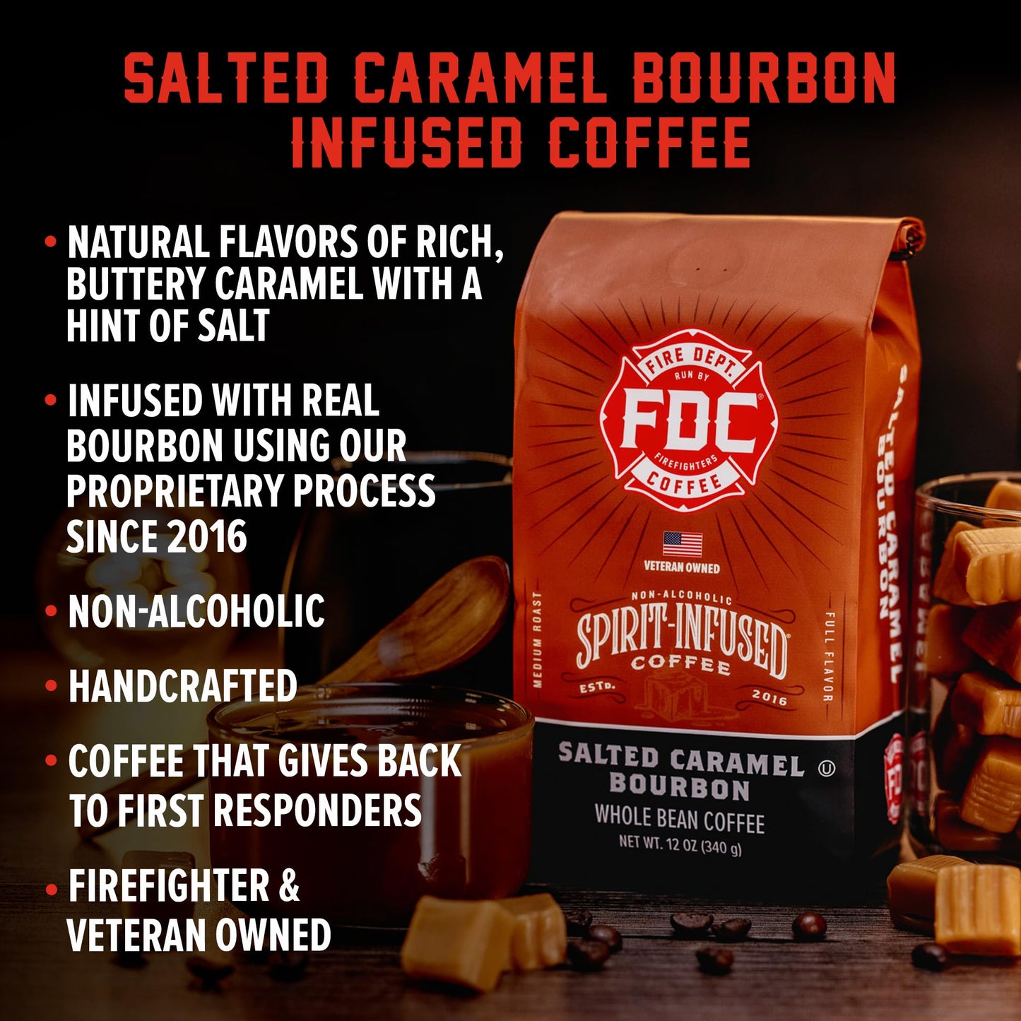Fire Department Coffee Salted Caramel spirit-inspired flavor Coffee - Medium Roast - 12 oz Pack of 2 - Veteran Owned, Non-  ic, Roasted in the USA