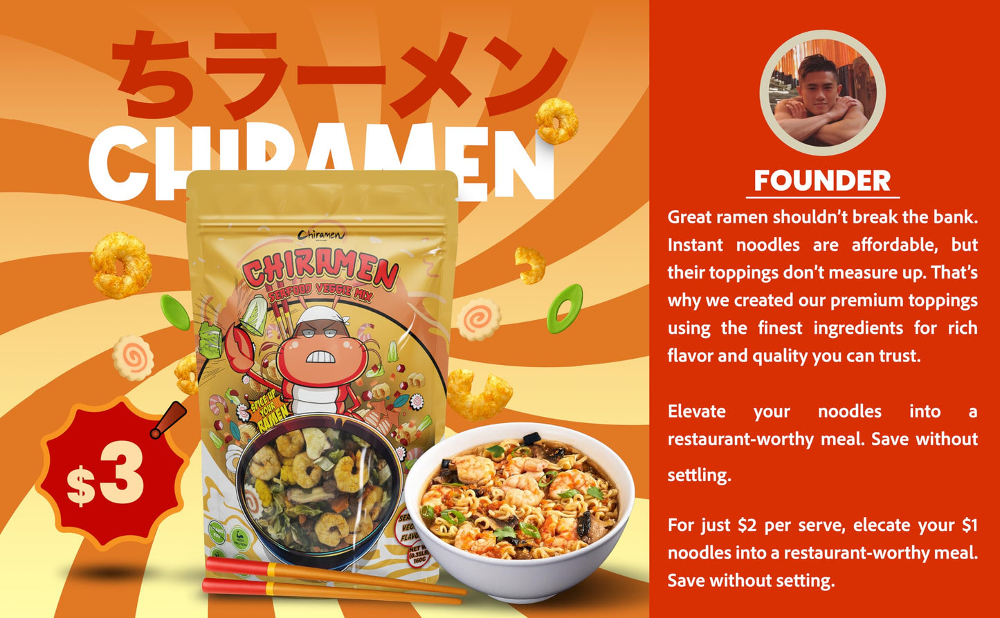 Chiramen Seafood Veggie Mix Dried Ramen Toppings, 5.64 Ounce, Includes Shrimp, Fishcake, compatible with Crab, Squid, Plant-Based Beef, Eggs