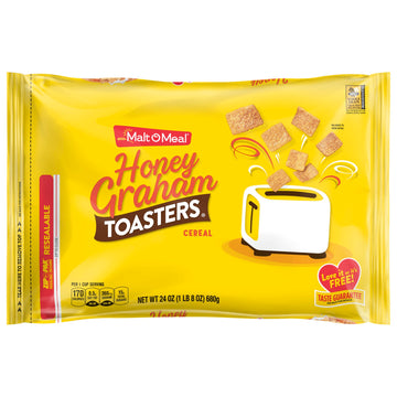 Malt-O-Meal Honey Graham Toasters Breakfast Cereal, Honey Graham Cereal Squares, Super Size Bagged Cereal, 24 OZ Resealable Cere