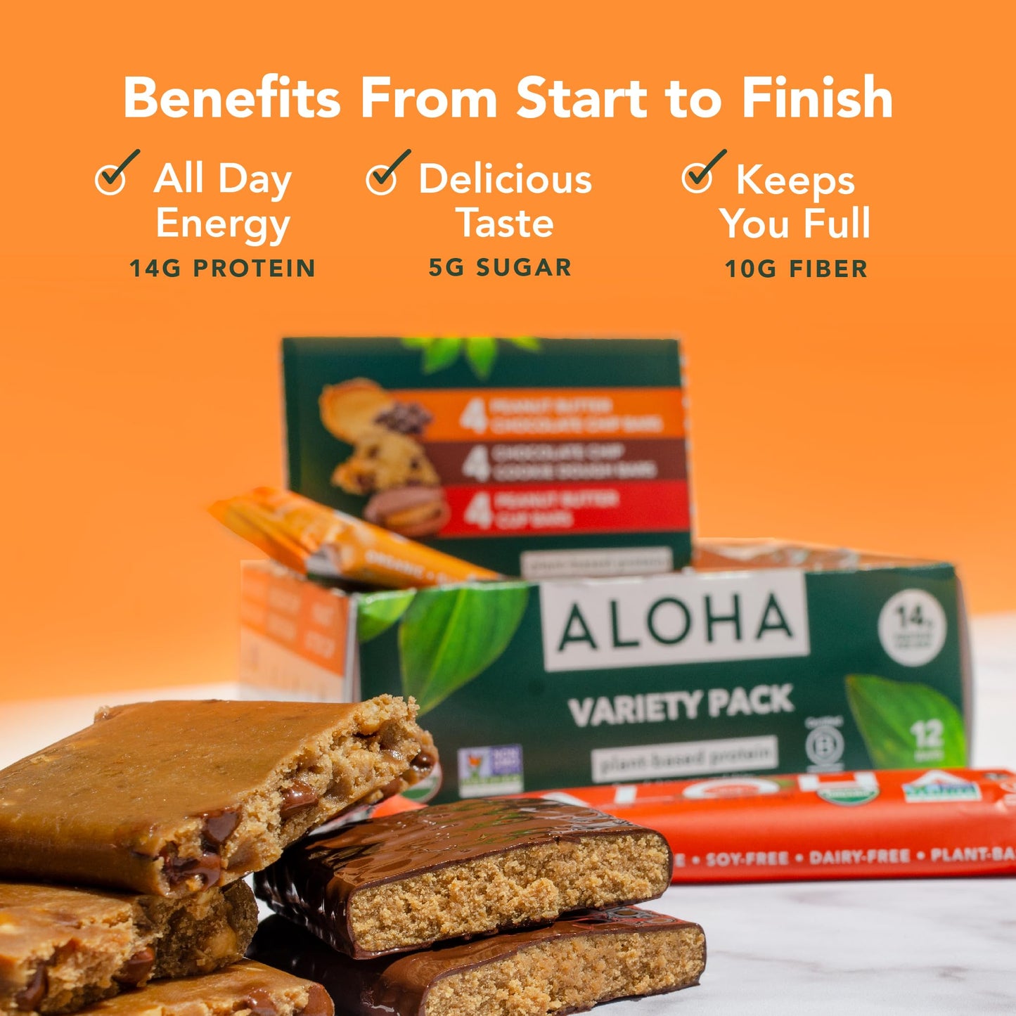 ALOHA Organic Plant Based Protein Bars - Vegan, Low Sugar, Gluten-Free - 12 Count Variety Pack (3 Flavors)