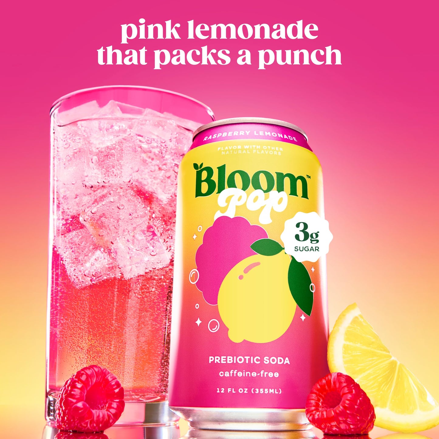 Bloom Pop Prebiotic Soda 12 Pack  Raspberry Lemonade Flavor  12oz Cans | Prebiotic Soda for Gut Health  Low Calorie Soda  No Caffeine  Healthy Soft Drink Alternative