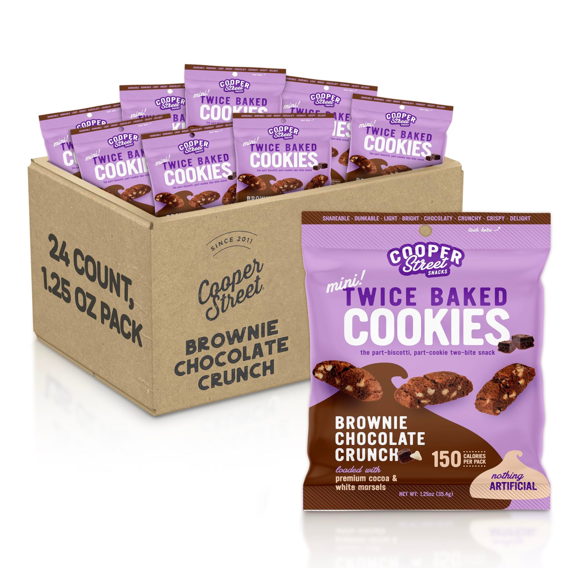 Cooper Street Italian Biscotti Cookies - Twice Baked Biscotti Style Cookie Biscuits In Delicious Brownie Chocolate Crunch | Crispy, Light And Healthy Cookies | Peanut & Dairy Free | 1.25Oz - 24 Pack