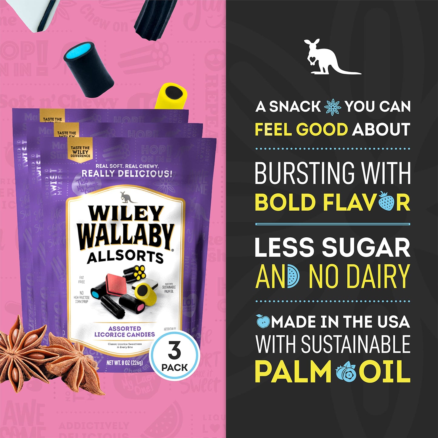 Wiley Wallaby 8 Ounce Allsorts Gourmet Australian Style Soft & Chewy Assorted Licorice Candy (3 Pack)