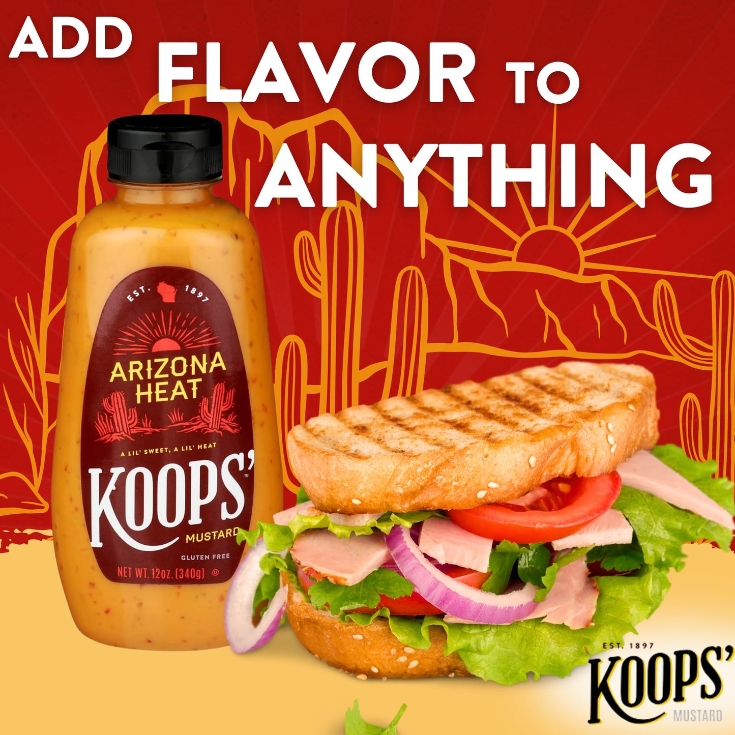 Koops Arizona Heat Mustard - Sweet and Spicy Mustard, Gluten-Free, Kosher, Made in USA, From Quality Mustard Seeds, Hot Mustard