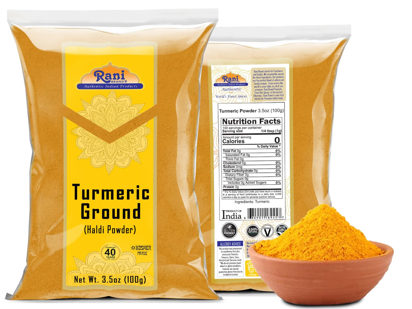 Rani Turmeric (Haldi) Root Powder Spice, (High Curcumin Content) 3.5Oz (100G) ~ All Natural | 100% Pure, Salt Free | Vegan | Gluten Friendly | Non-Gmo | Kosher | Indian Origin