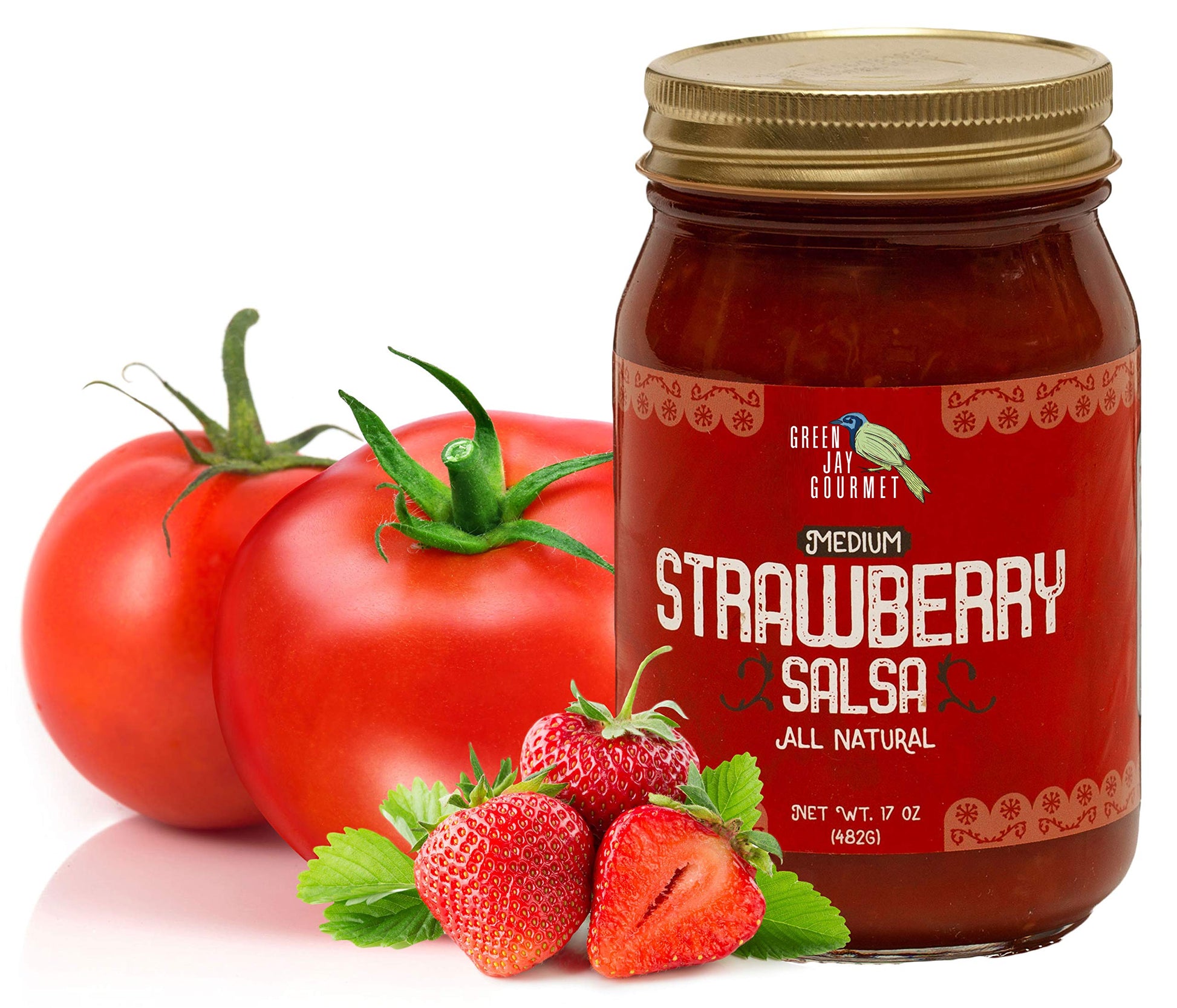 Green Jay Gourmet Strawberry Salsa - Strawberry-Flavored Fruit Salsa - Medium Heat Picante Salsa - Gourmet Salsa Dip With No Pre