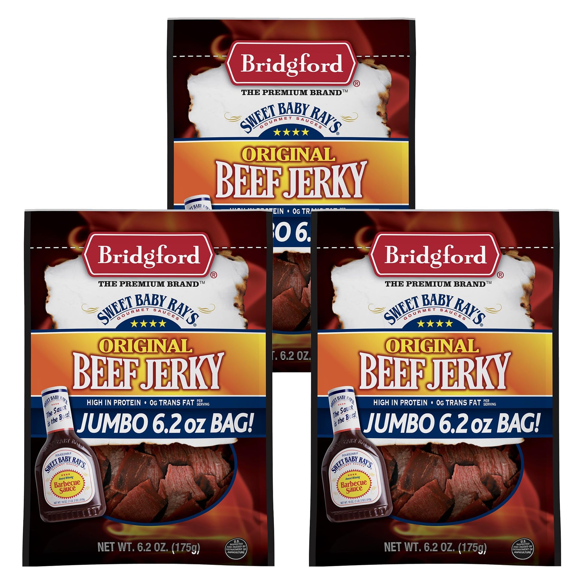 Bridgford Sweet Baby Rays Beef Jerky Original 6.2 oz Pack of 3 - Healthy High Protein Beef Jerky for Your Dietary Preferences - 