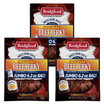 Bridgford Sweet Baby Rays Beef Jerky Original 6.2 oz Pack of 3 - Healthy High Protein Beef Jerky for Your Dietary Preferences - 