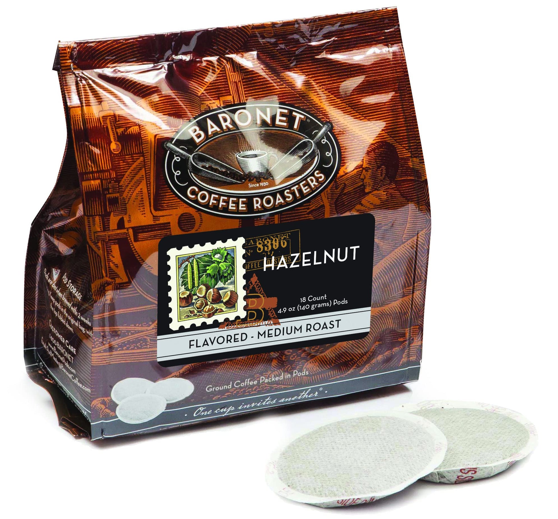 Baronet Coffee Pods Hazelnut Flavored, Regular Strength, Medium Roast, 54 Pods (3 Bags of 18 Count)