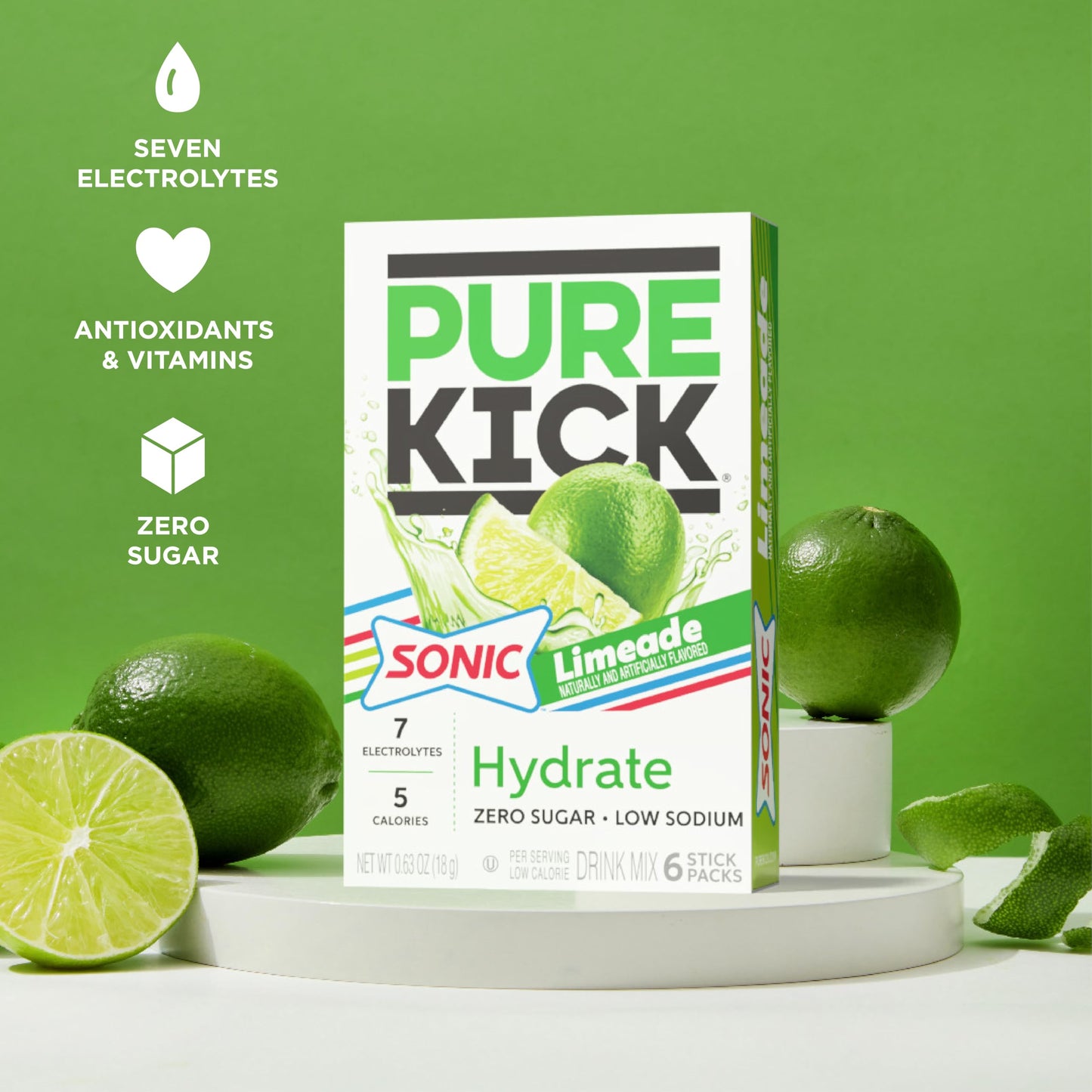 PURE KICK Hydration Singles Drink Mix, Sonic Limeade, 72 Packets (12 Boxes, 6 Packets Each)