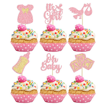 Gyufise 24Pcs Oh Baby Cupcake Toppers Glitter It'S A Girl Cupcake Picks Bow Dress Baby Bottle Baby Shower Cake Decorations For G
