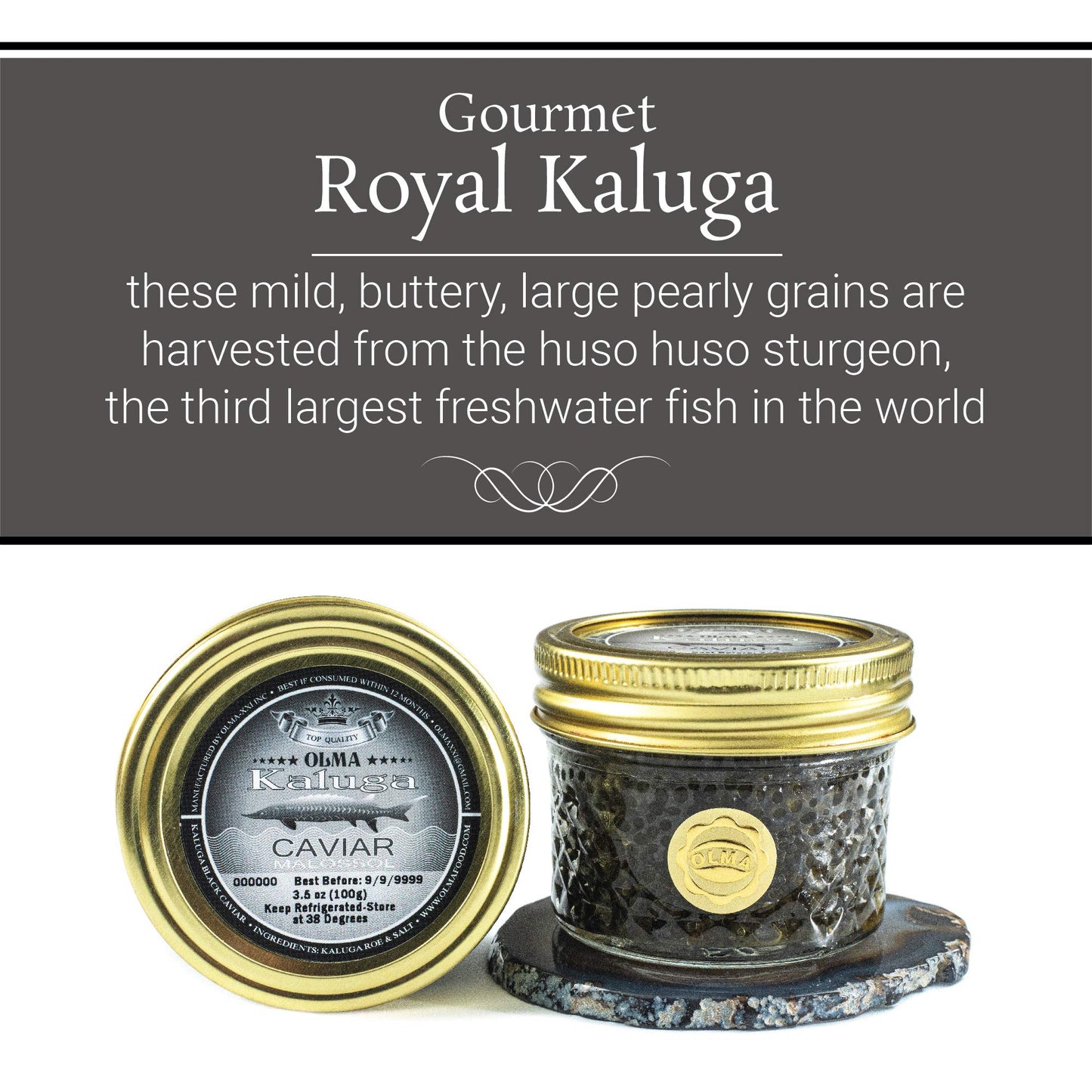 Overnight Shipping- Olma Kaluga Sturgeon Black Caviar - Large Pearly Grains, Smooth Flavor, Superior Grade - 3.5 Oz / 100 G