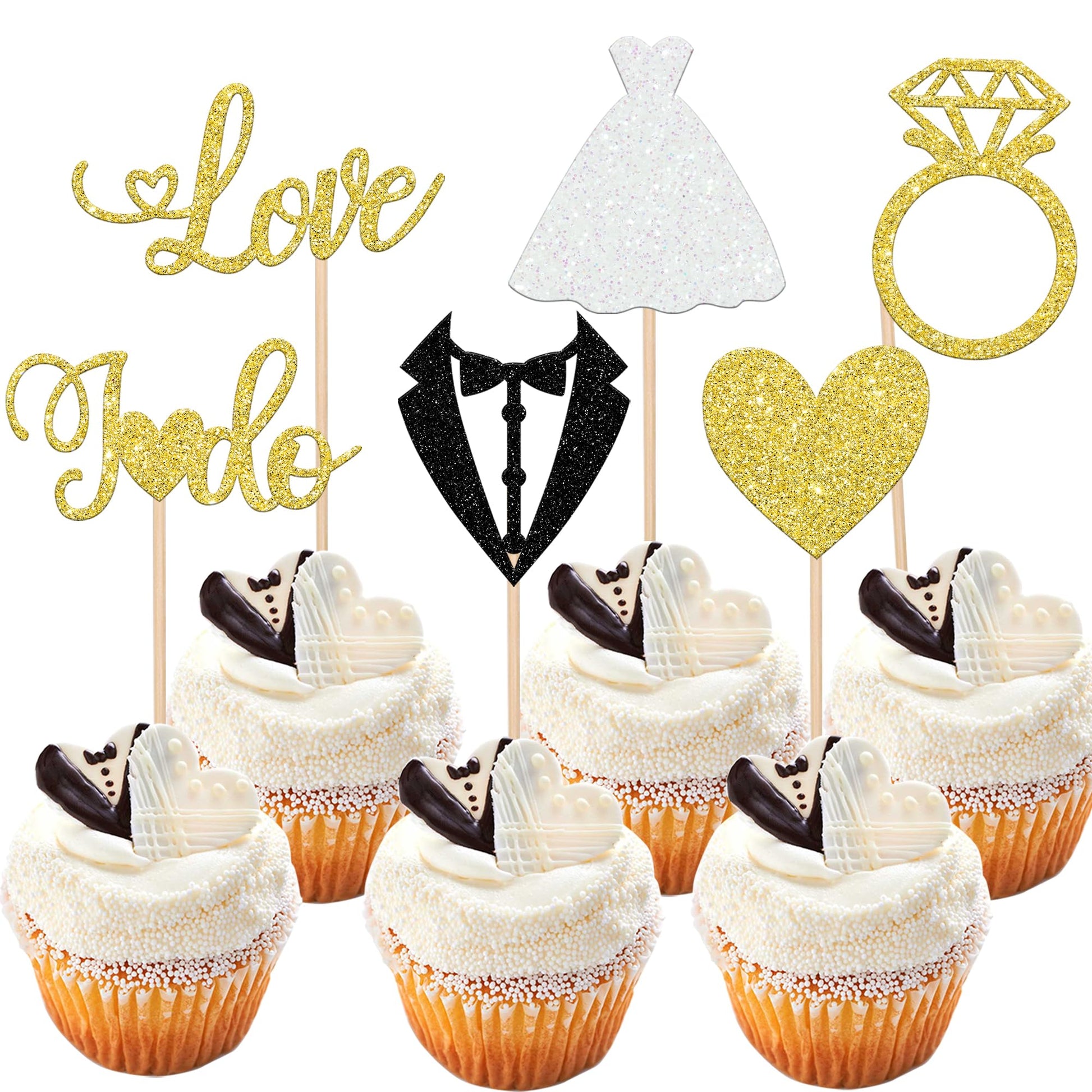36 Pcs Groom And Bride Cupcake Toppers Glitter Ring Heart I Do Love Cupcake Picks Wedding Cake Toppers Decorations For Bridal Sh