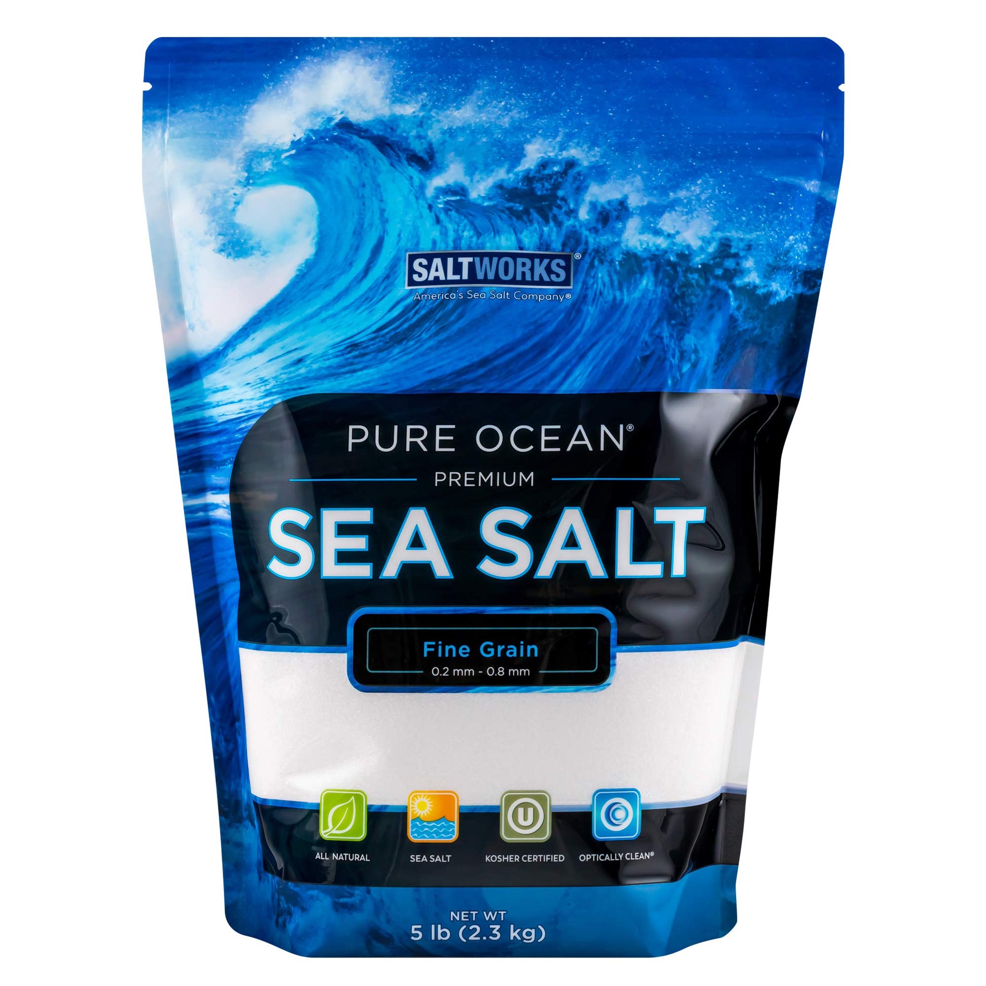 SaltWorks Pure Ocean Sea Salt, Fine Grain, 5 lb Bag, White Crystals, Model Ad-bm4-10365