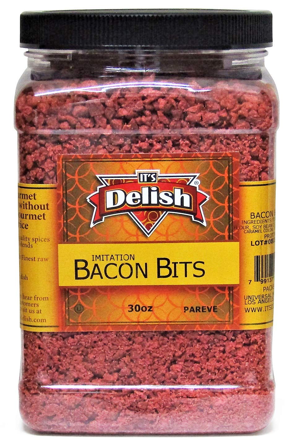 Its Delish compatible with Bacon Bits, Kosher Parve Vegan, 30 Oz Jumbo Reusable Container, Smoky Flavor for Salads, Eggs, Baked Potatoes