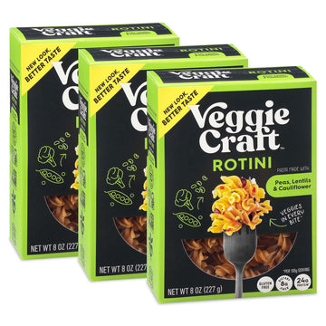 Veggiecraft Farms Rotini Pasta - NEW IMPROVED RECIPE - Protein Pasta  Lentil Pasta w/Cauliflower & Peas  High Protein Noodles  Low-Carb  Non-GMO  Vegan  Gluten Free - 8 oz (8 Ounce (Pack of 3)