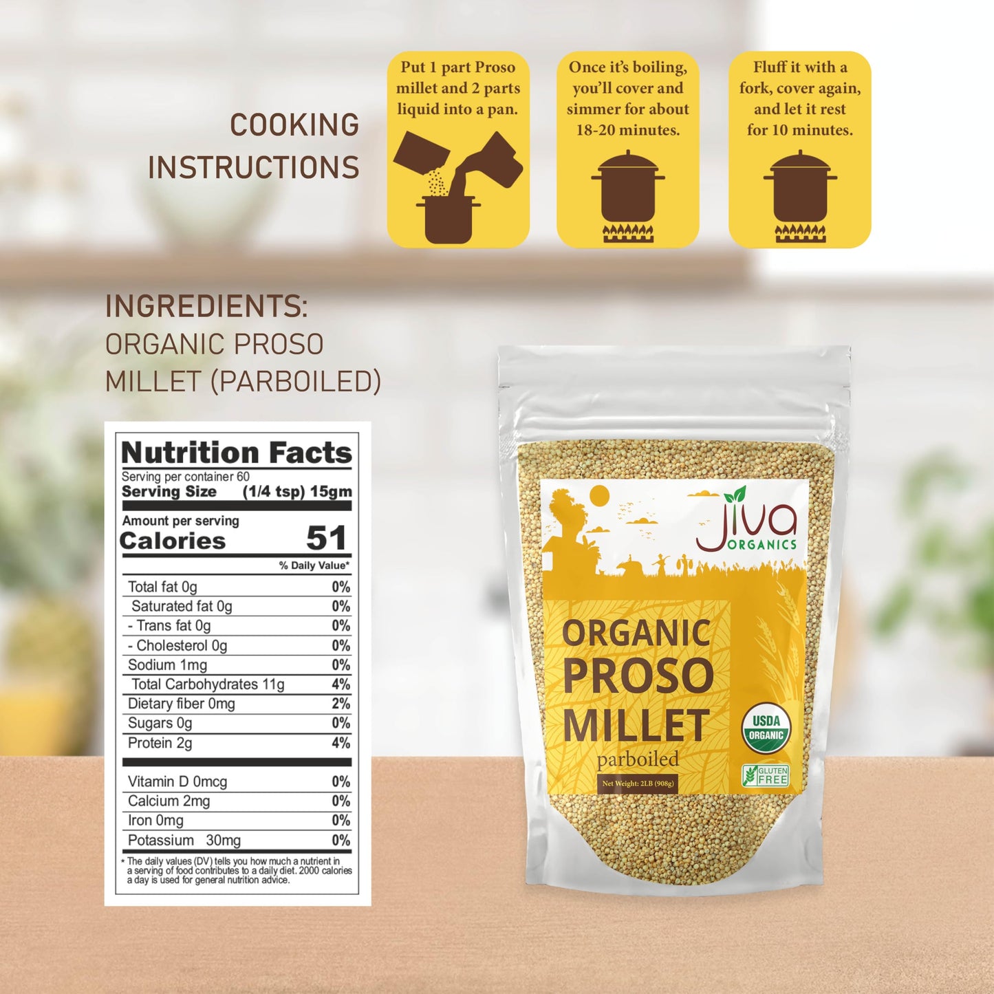 Jiva Organics Proso Millet 2 Lb Bag | Whole Grain, Gluten-Free & Organic | High Protein & Fiber-Rich Superfood For Indian Cookin