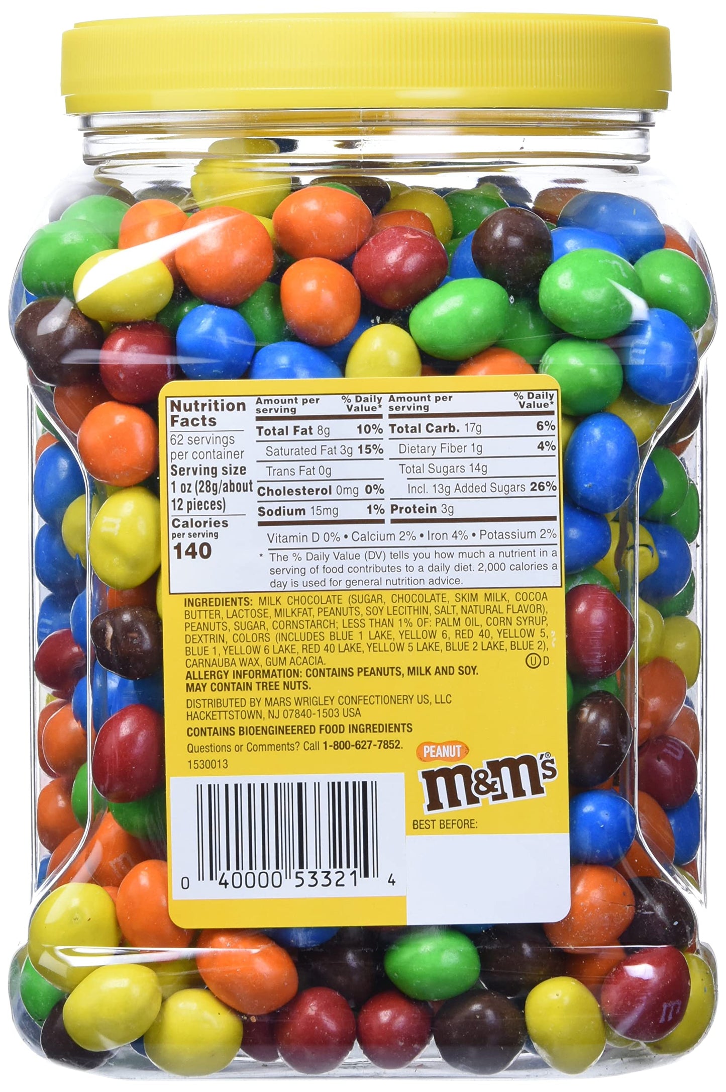 M&M'S Candies, Peanut Chocolate, 62 Ounce Jar, Pack Of 1