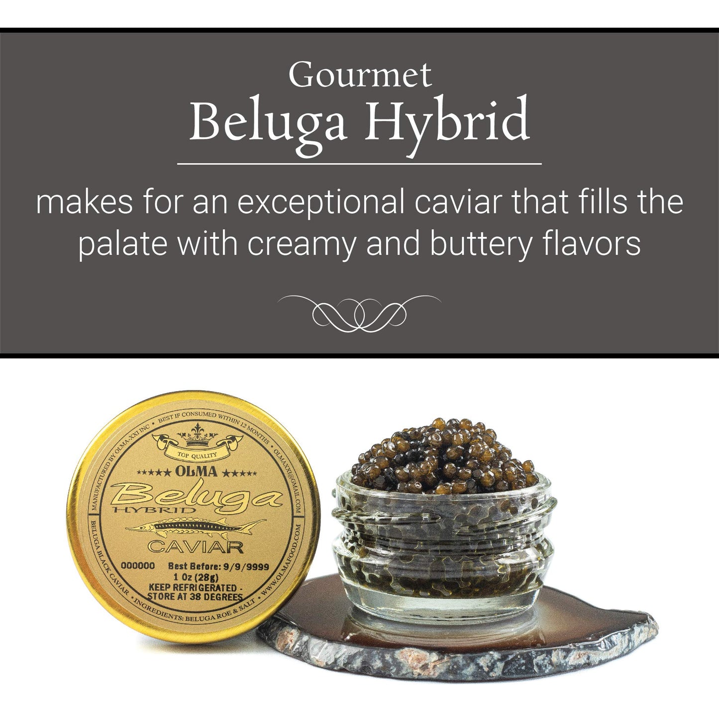 OLMA Caviar Beluga Hybrid Sturgeon Black Caviar - 1 oz / 28 g - Premium Quality from Italy