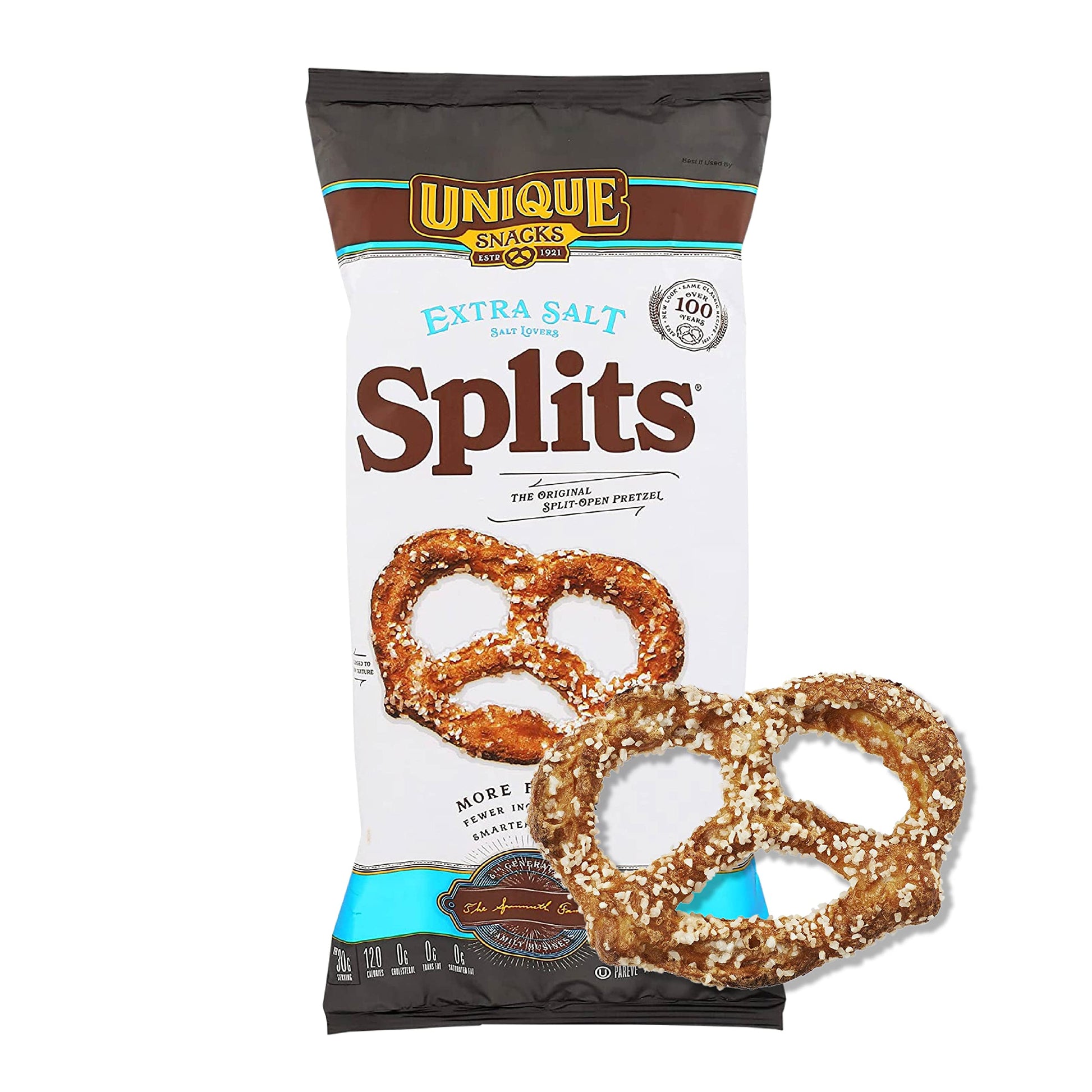 Unique Snacks Extra Salt Splits Pretzels, 11 Oz. Bag, Pack of 12, OU Kosher, Non-GMO, Original Split-Open Snack