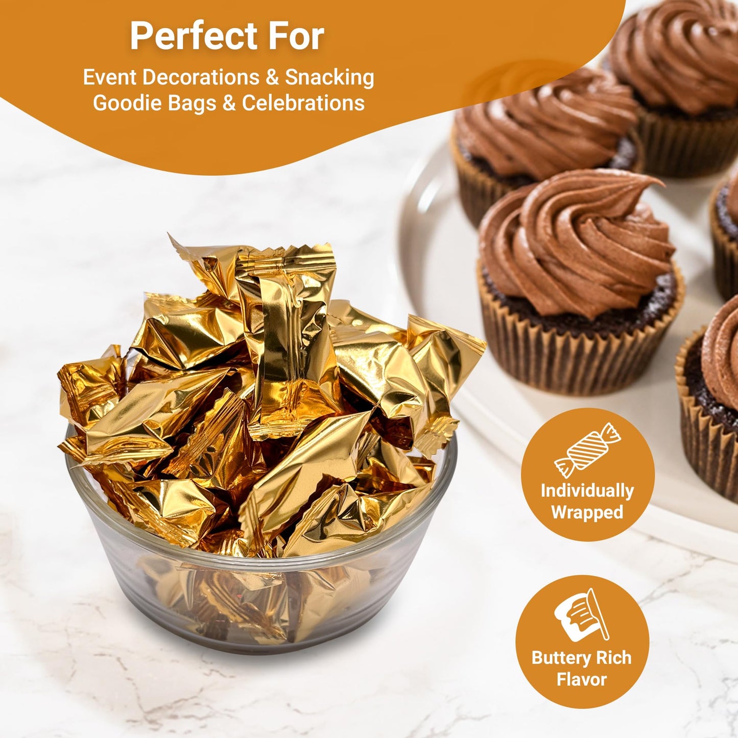 Gold Buttermints (Approx. 60 Count) - Butter Mints Individually Wrapped - Wedding Mints - Perfect For Thank You Gift, Engagement Parties, Bridal Showers, Rehearsal Dinners, Reception, And More