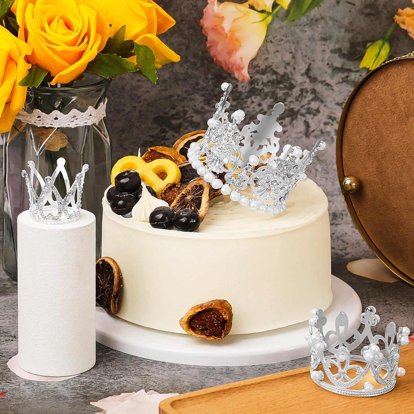 Moxweyeni 6 Pcs Crown Cake Topper Set - Artificial Pearl & Rhinestone - Silver Tiara for Birthday, Wedding & Baby Shower Decorations