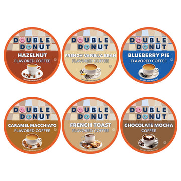 Double Donut Coffee Variety Pack Assorted Medium Roast, Dark Roast & Flavored Coffee In Recyclable Single Serve Cup, 66 Count