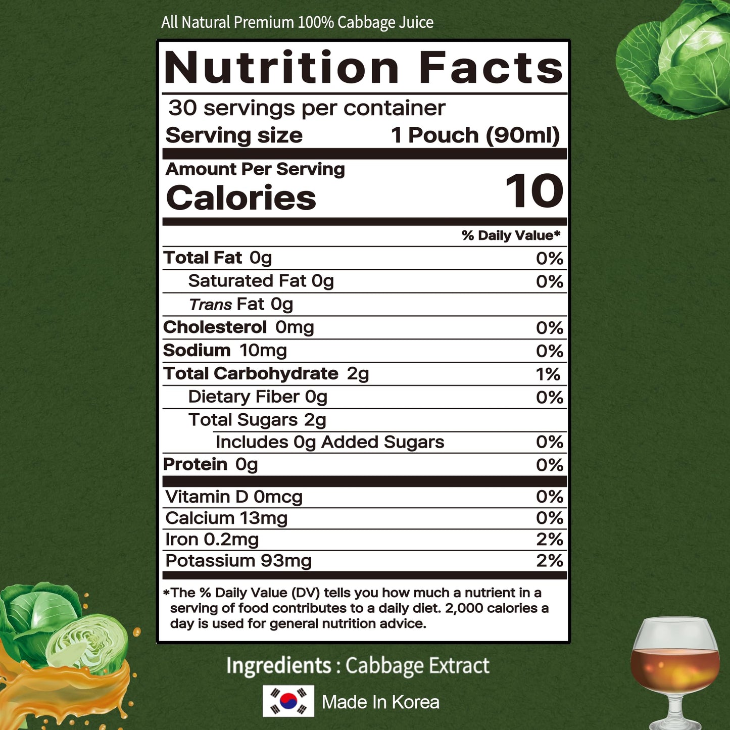 TERRAPICK Korean Cabbage Juice - 100% Pure Extract, Gut Health Support, 30 Pouches, 3.04 Fl Oz Each
