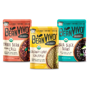 Beanvivo - Variety 3 Pack (10 Oz Each) - Organic Baja Black Beans, Three Bean Vegan Chili, Coconut Curry Chickpeas - Seasoned &