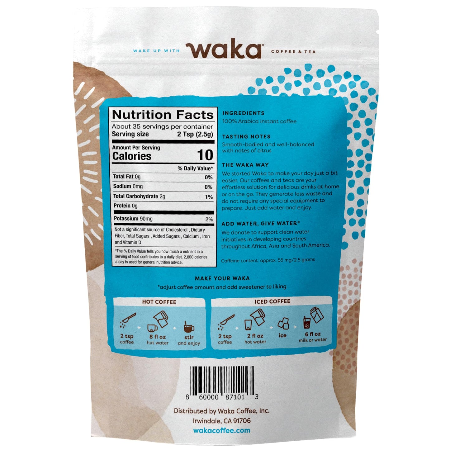 Waka Instant Coffee, Medium Roast - 100% Arabica Colombian Beans, Freeze Dried Granules, No Sugar Or Additives - Bulk Bag For Qu