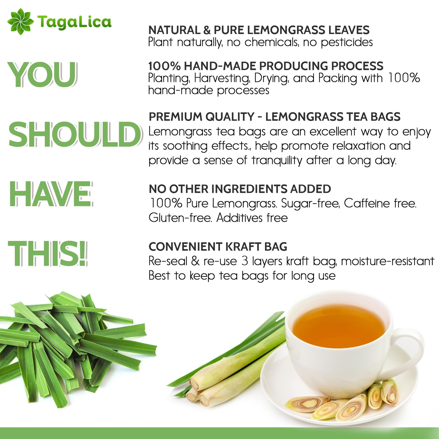 Tagalica Lemongrass Herbal Tea Bags - 100% Natural, Eco-Conscious, No Sugar, Caffeine-Free, 75 Count