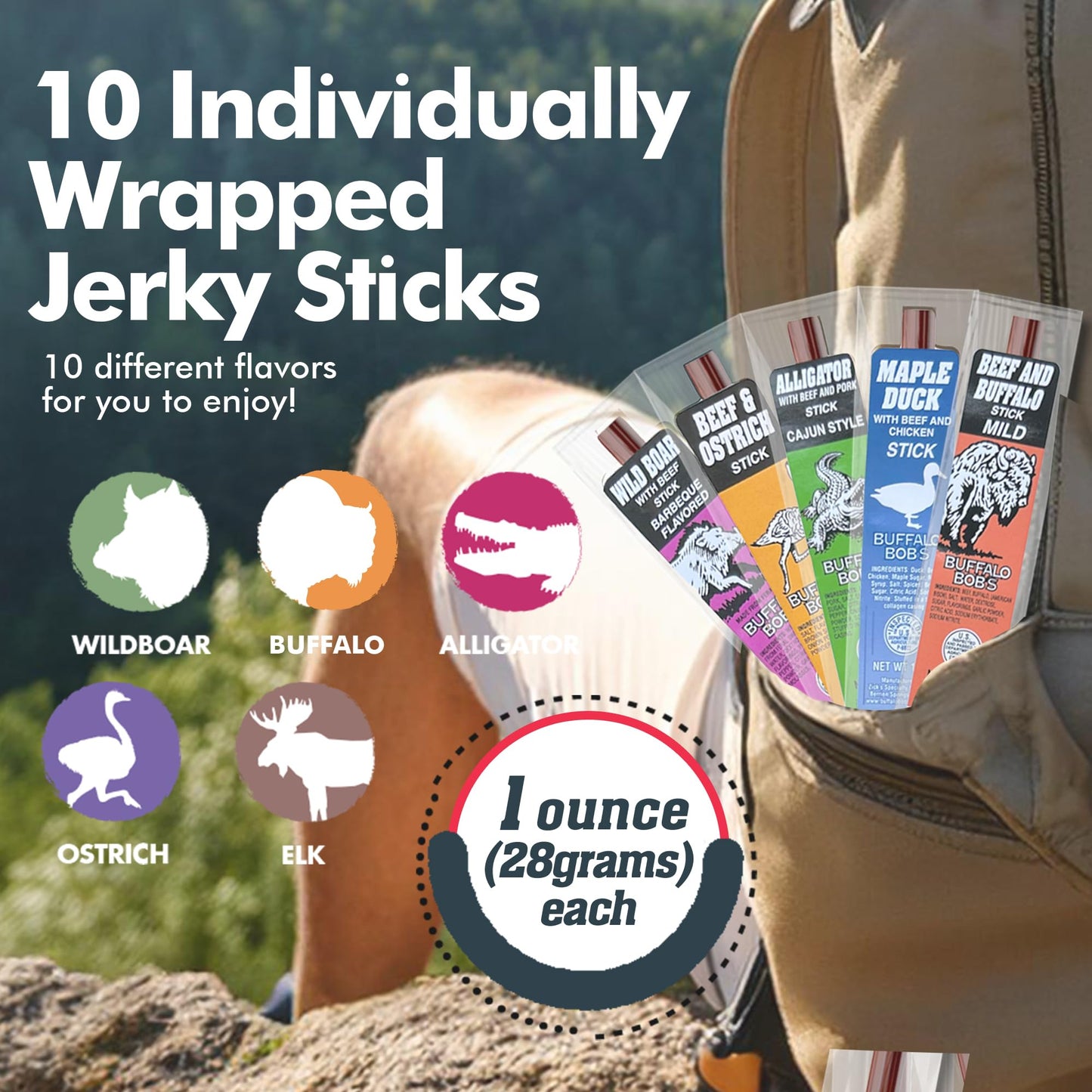 Jerky-n-Spice Wild Game Meat Sticks, 10-Pack, Exotic Beef Jerky Variety, 1.2 Ounce Each, Perfect Gift for Meat Lovers
