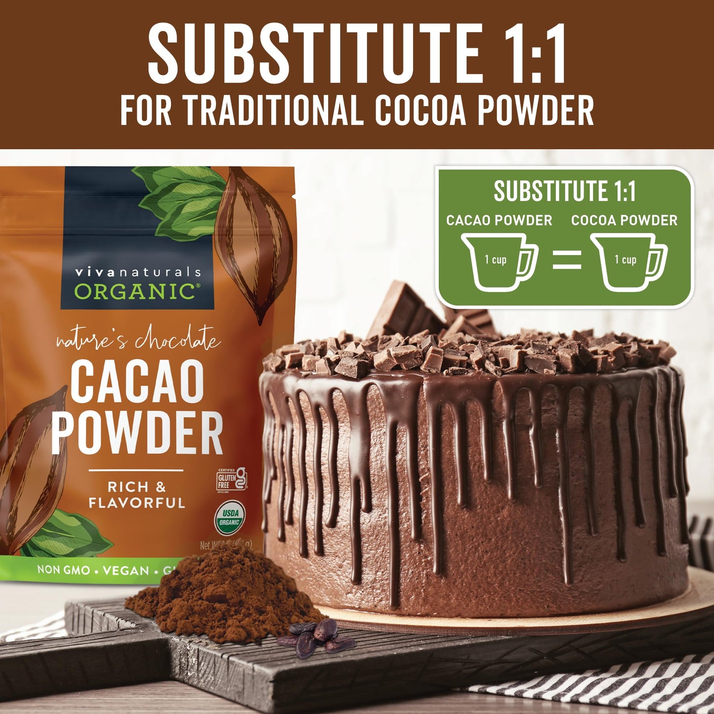 Viva Naturals Organic Cacao Powder, 1lb - Unsweetened Cacao Powder With Rich Dark Chocolate Flavor, Perfect for Baking & Smoothi