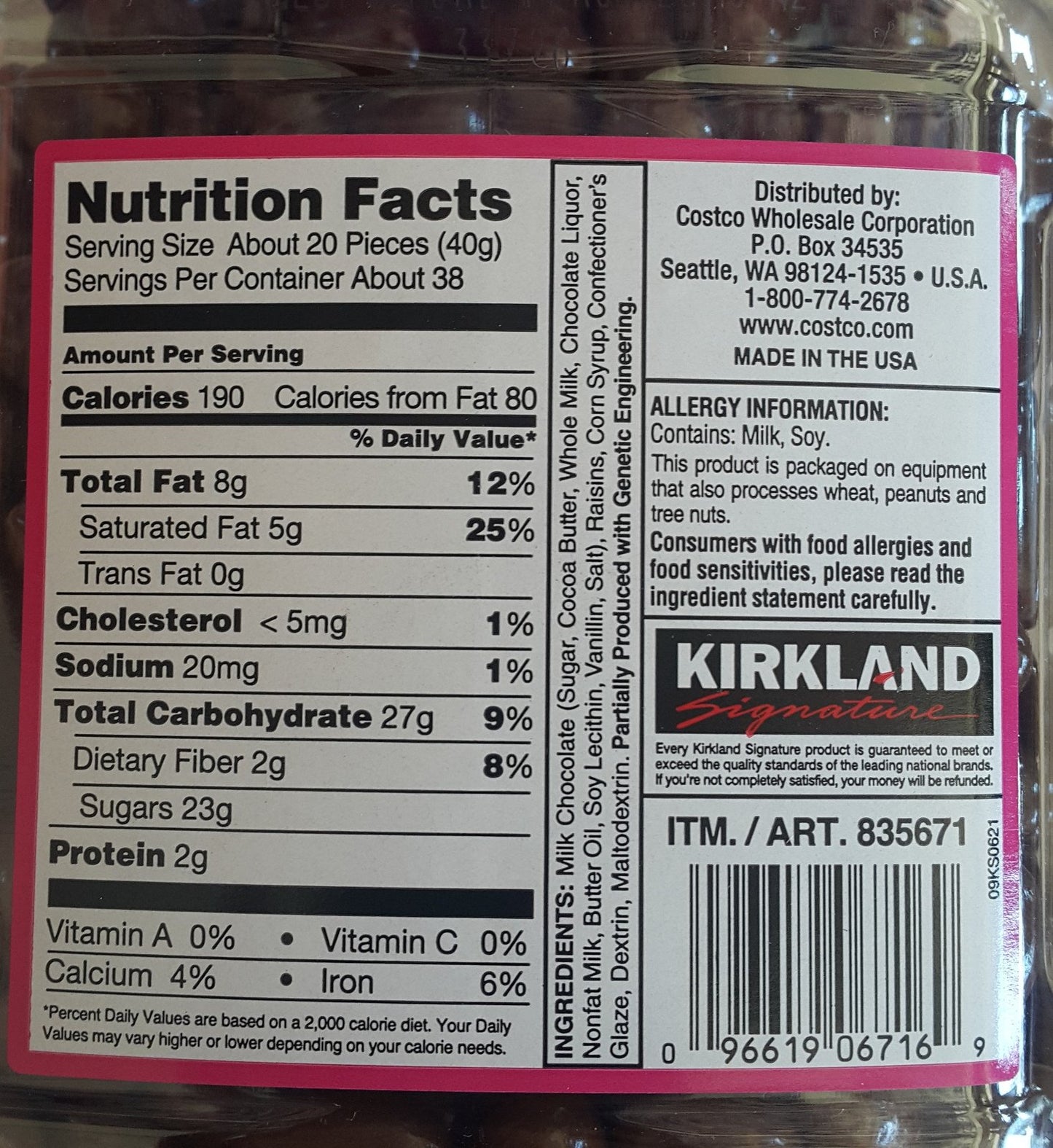 Kirkland Signature Milk Chocolate Raisins 3.38 Lbs (54 Oz) Jar