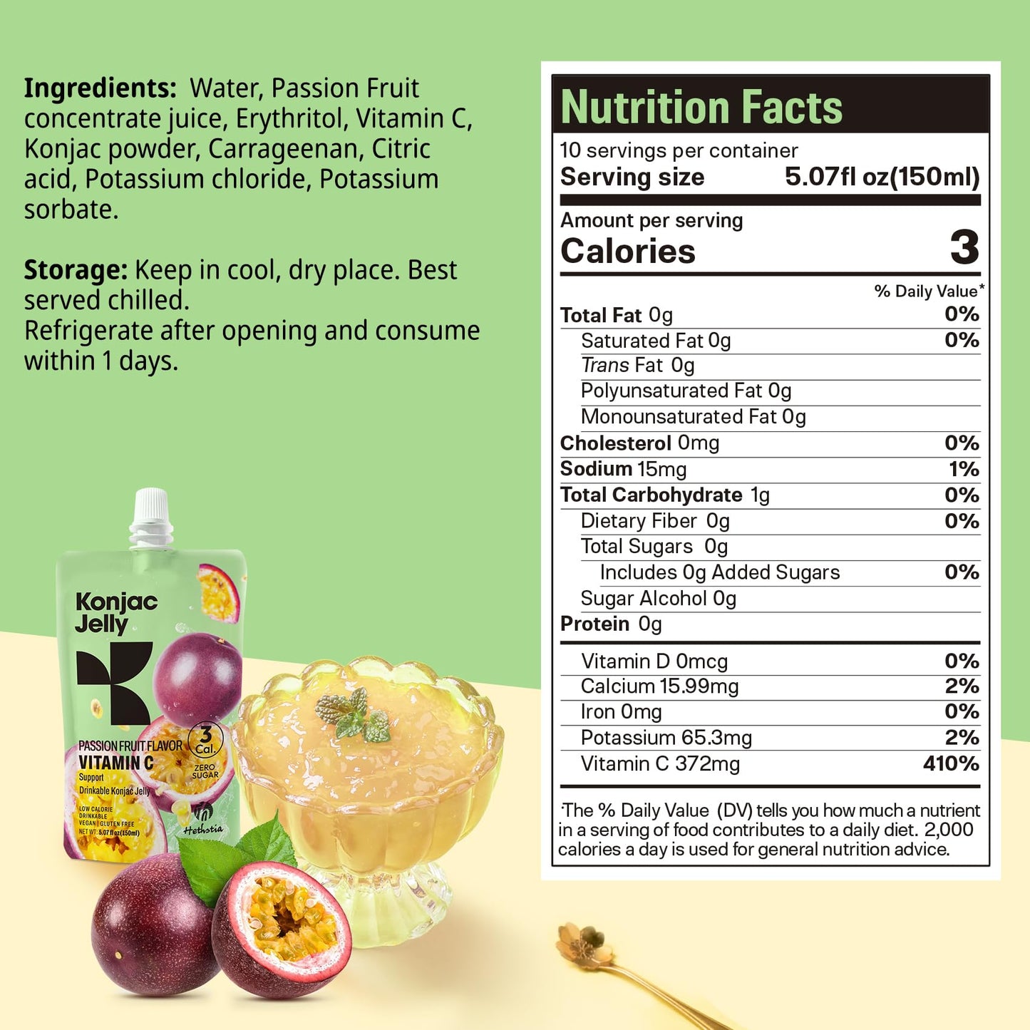 Hethstia Konjac Jelly Passion Fruit, 10 Pouches Sweet Fruit Drinkable Jello, 3 Calories, Sugar Free, Vitamin C, Keto, Vegan, Glu