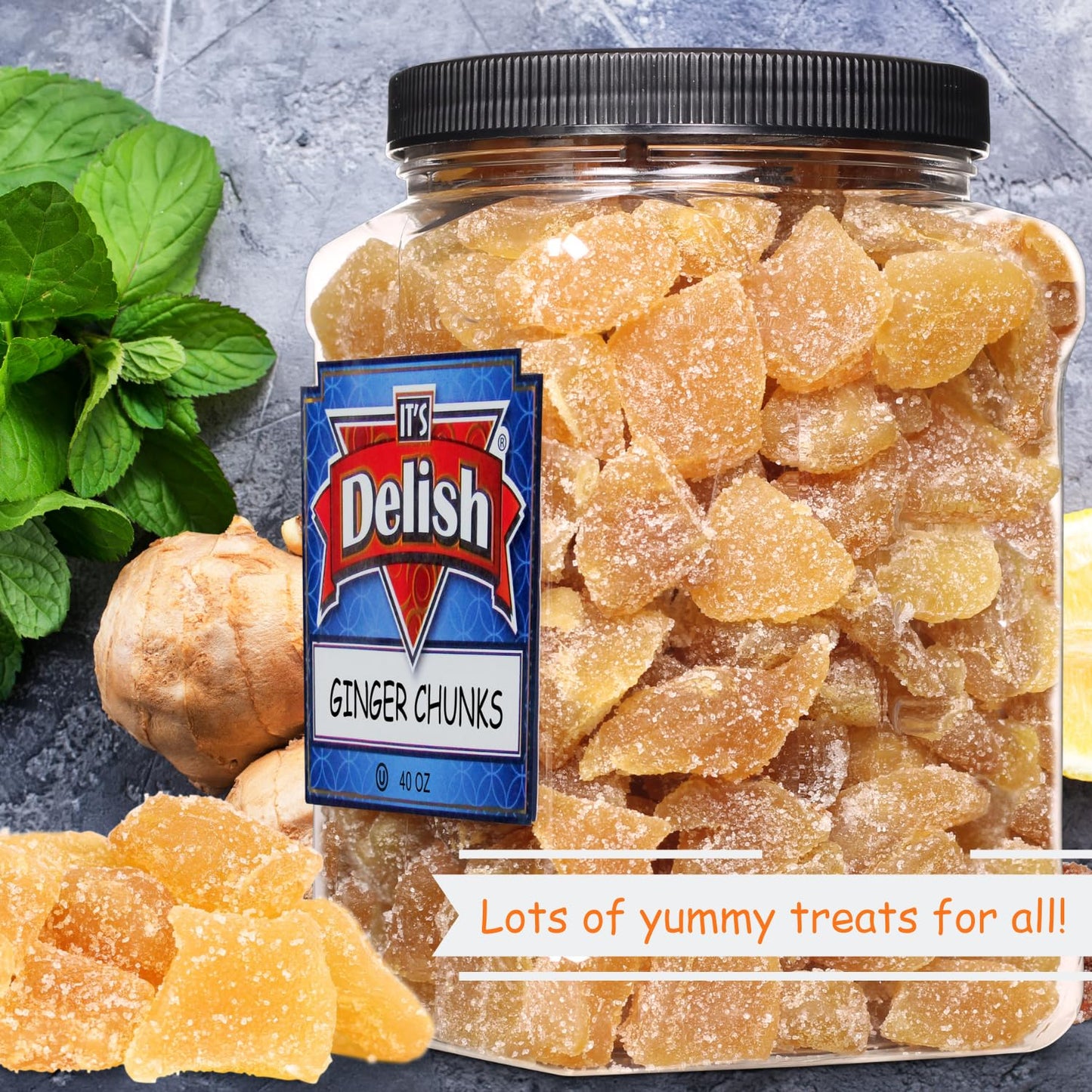 Crystallized Ginger Chunks By It'S Delish, 2.5 Lb Jumbo Reusable Container | Candied Dried Ginger Fruit Chews Natural Candy, Gin