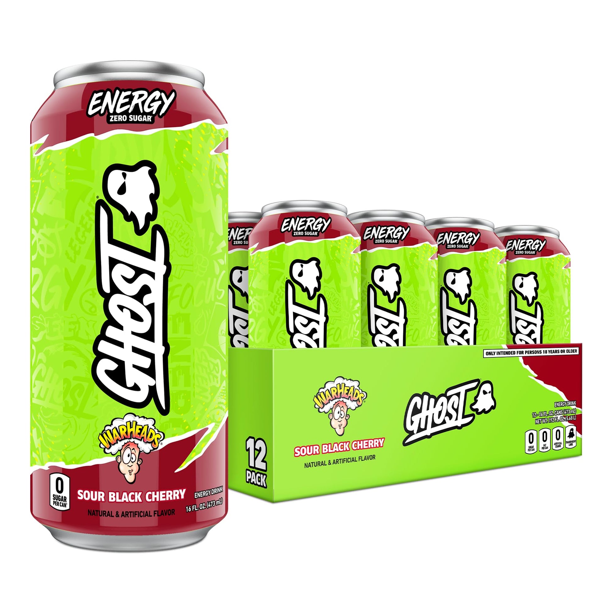GHOST Energy Drink - 12-Pack  Warheads Sour Black Cherry  16oz - Energy & Focus & No Artificial Colors - 200mg of Natural Caffeine  L-Carnitine & Taurine - Gluten-Free & Vegan