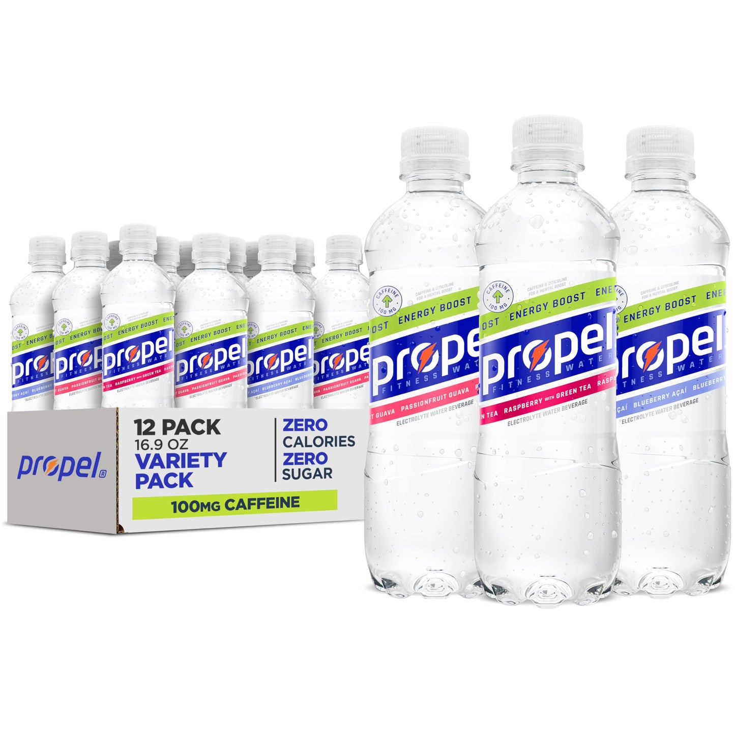 Propel Energy Boost Zero Calorie Flavored Water With Electrolytes and Caffeine  3 Flavor Variety Pack  16.9 fl oz Bottles (12 Pack)