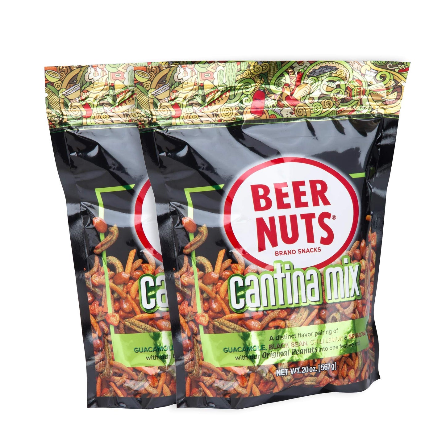 BEER NUTS Cantina Mix - Seasoned Peanuts, Chili Lime Insane Grain, Guacamole & Habanero Sticks - 20oz Resealable Bag (Pack of 2