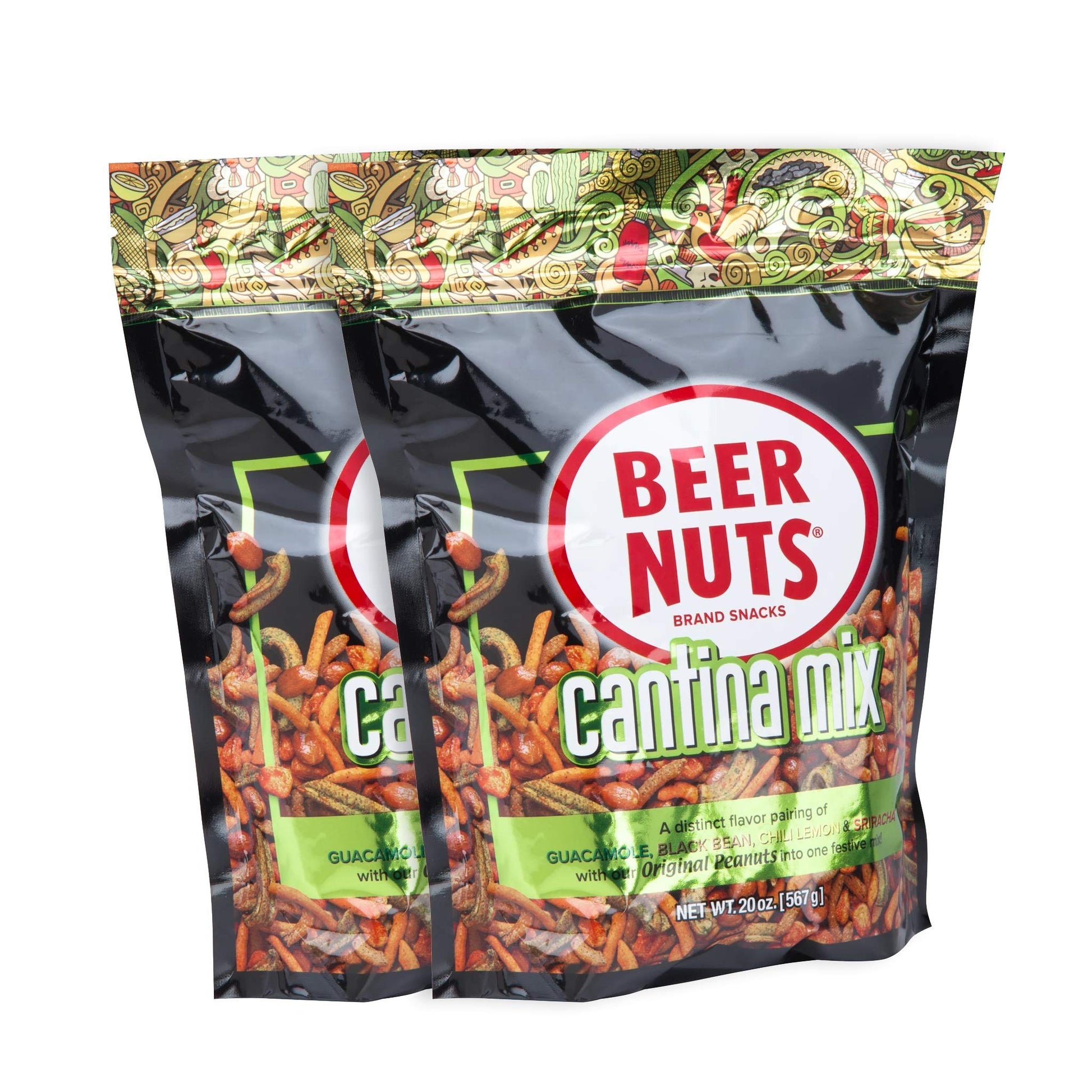 BEER NUTS Cantina Mix - Seasoned Peanuts, Chili Lime Insane Grain, Guacamole & Habanero Sticks - 20oz Resealable Bag (Pack of 2