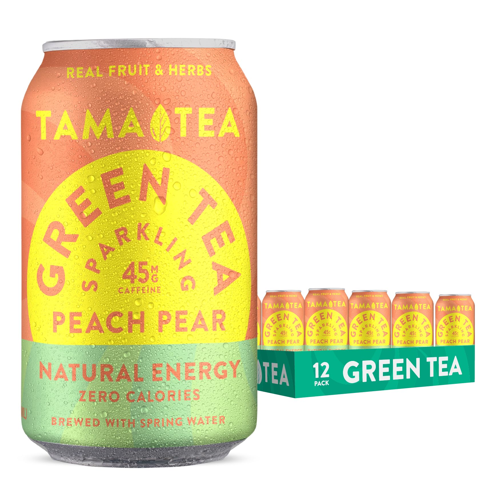 Tama Tea Sparkling Peach Pear Green Tea - Zero Sugar, Non-GMO, 12 oz Pack of 12
