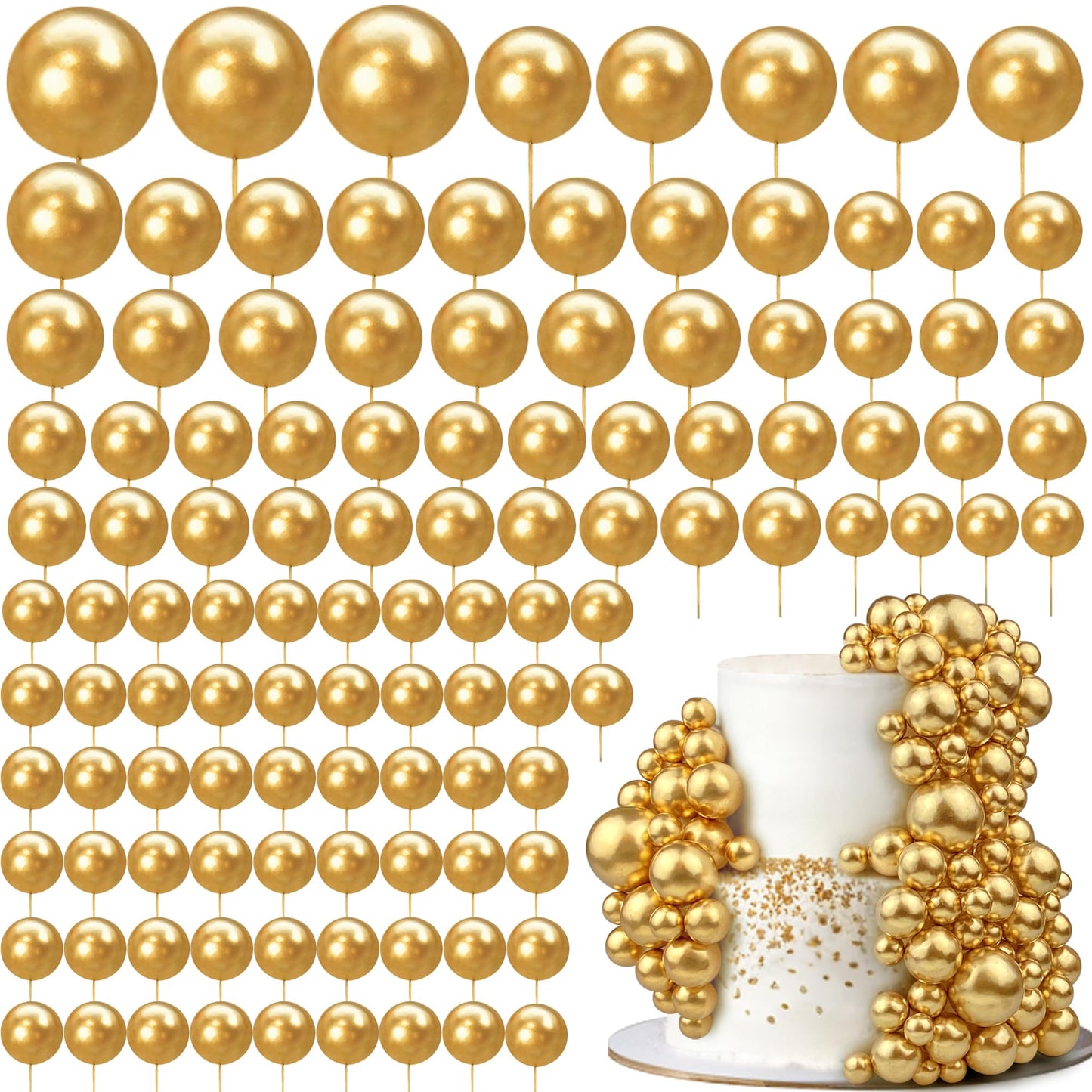 RASSLISA 113 PCS Colorful Ball Cake Picks - Pearl Balls Cupcake Toppers for Birthday Party & Wedding, Gold